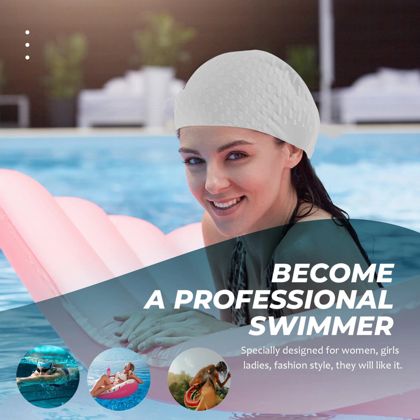 قبعة سباحة من السيليكون مقاومة للماء، قبعة سباحة مرنة طويلة لحماية الأذن، قبعة سباحة بيضاء للنساء، متينة وخفيفة الوزن