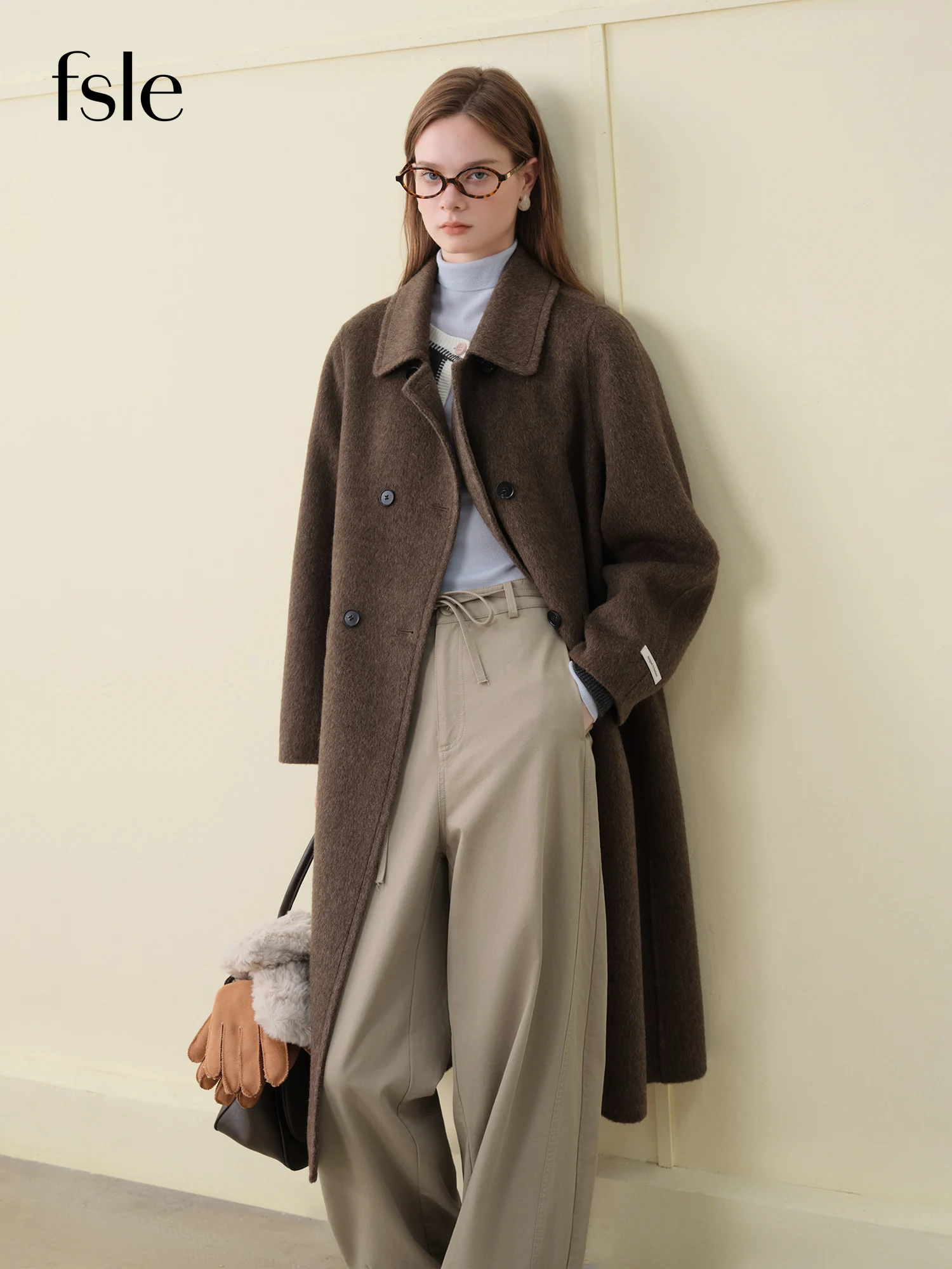 FSLE 2025, Yak-Wollmischung-Mantel für Damen – Zweireihiger Winter-Trench mit Peter-Pan-Kragen und schmeichelhafter Silhouette, Büro-Elegant