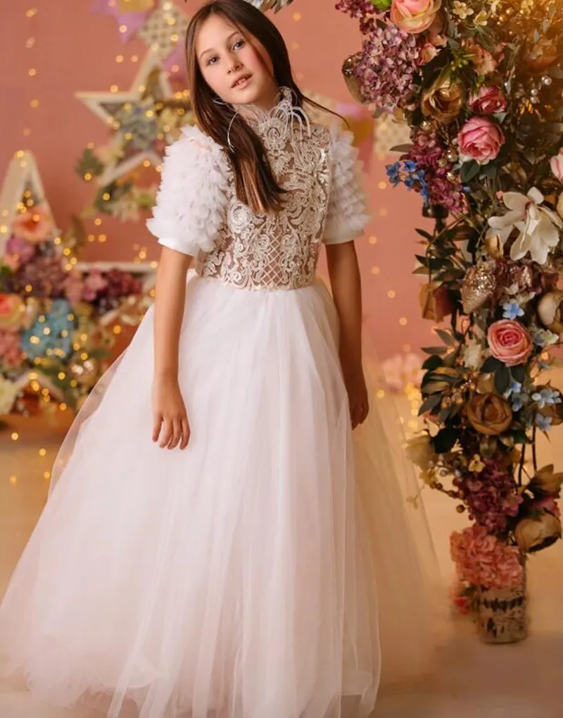 

New White Ivory Flower Girl Dress Lace Appliqued Feather Decoration Wedding Dress for Girls Party Birthday First Communion Dress