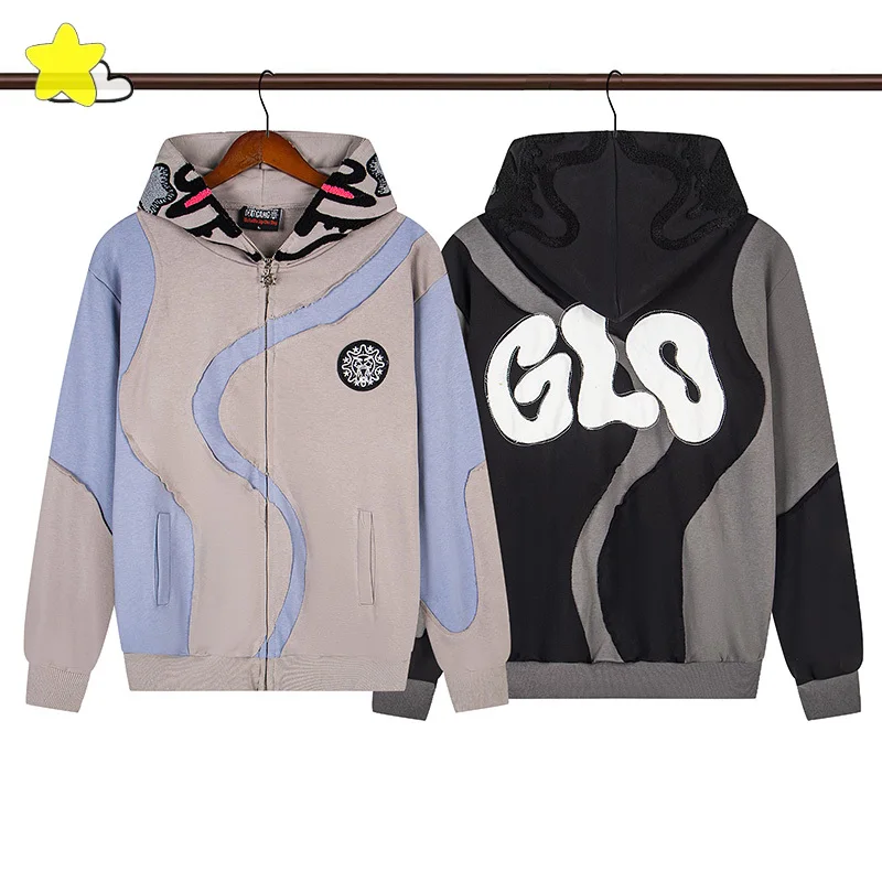 26FW Heavy Fabric Cotton Color Blocking Patchwork Glo Gang Full Zip Hoodie Hooded Men Women Loose Patch Embroidery Zipper Coat