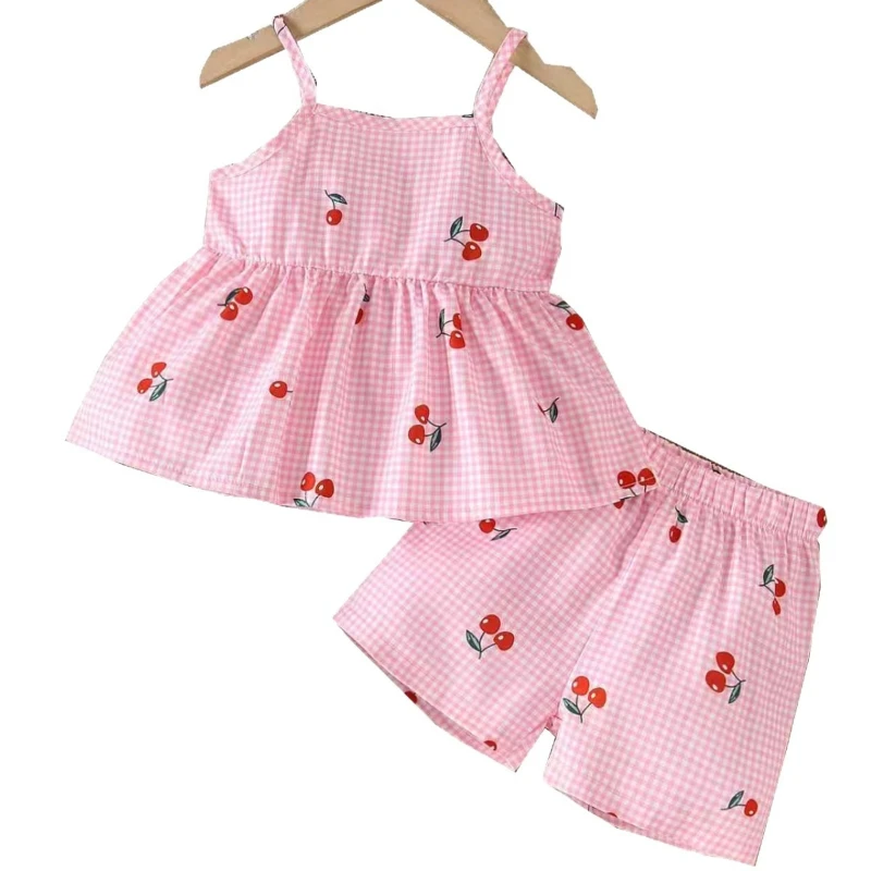 

2026 Summer New Hot Selling Cute Pink and White Checkered Cherry Pattern Tank Top and Shorts Two-piece Set
