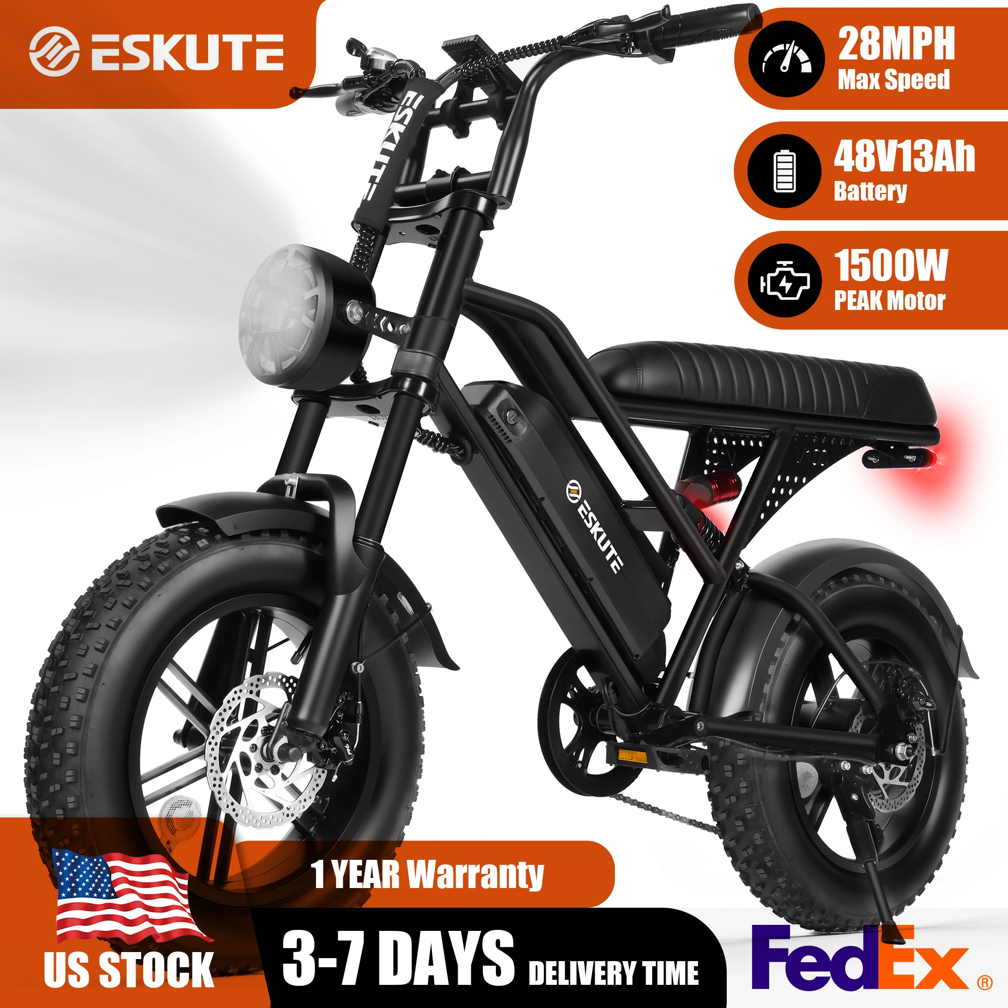 Eskute V100 Electric Motor, 1500W Peak 28MPH 48V13Ah Ebike, 16"x4" Fat Tire,  Dual Suspension E-Bike, 1 Year Warranty,UL28849
