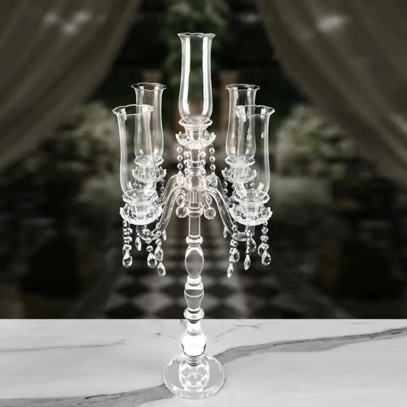 Wedding Table Decoration 5 Arms Crystal Glass Candle Holder Candlestick Glass Cylinder Tube Rod Crystal Candelabra