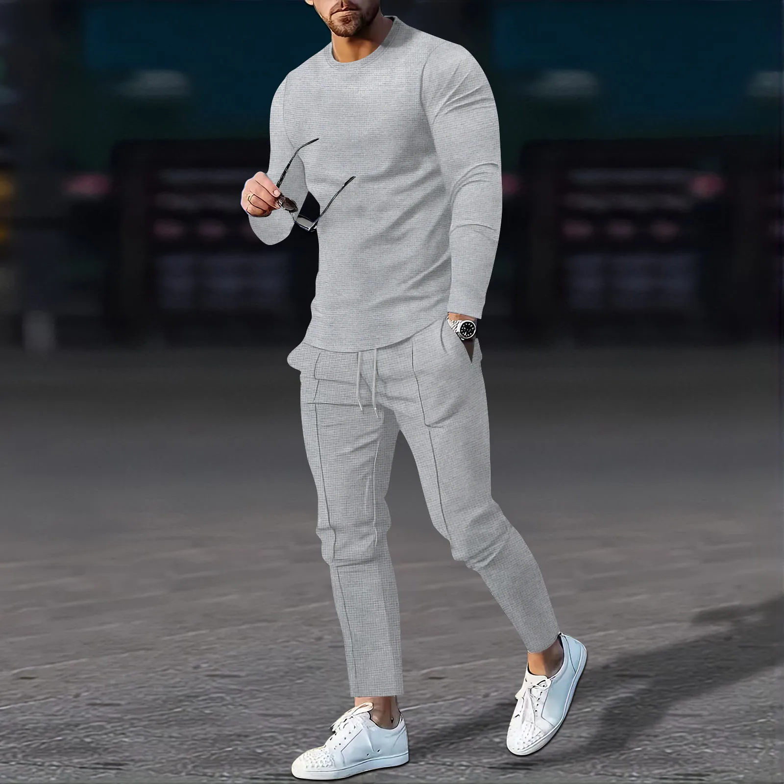 

2024 New Waffle fabric men's casual long sleeve T-shirt + Sweatpants set set Solid men's sweatshirt set 2PCS men's clothing