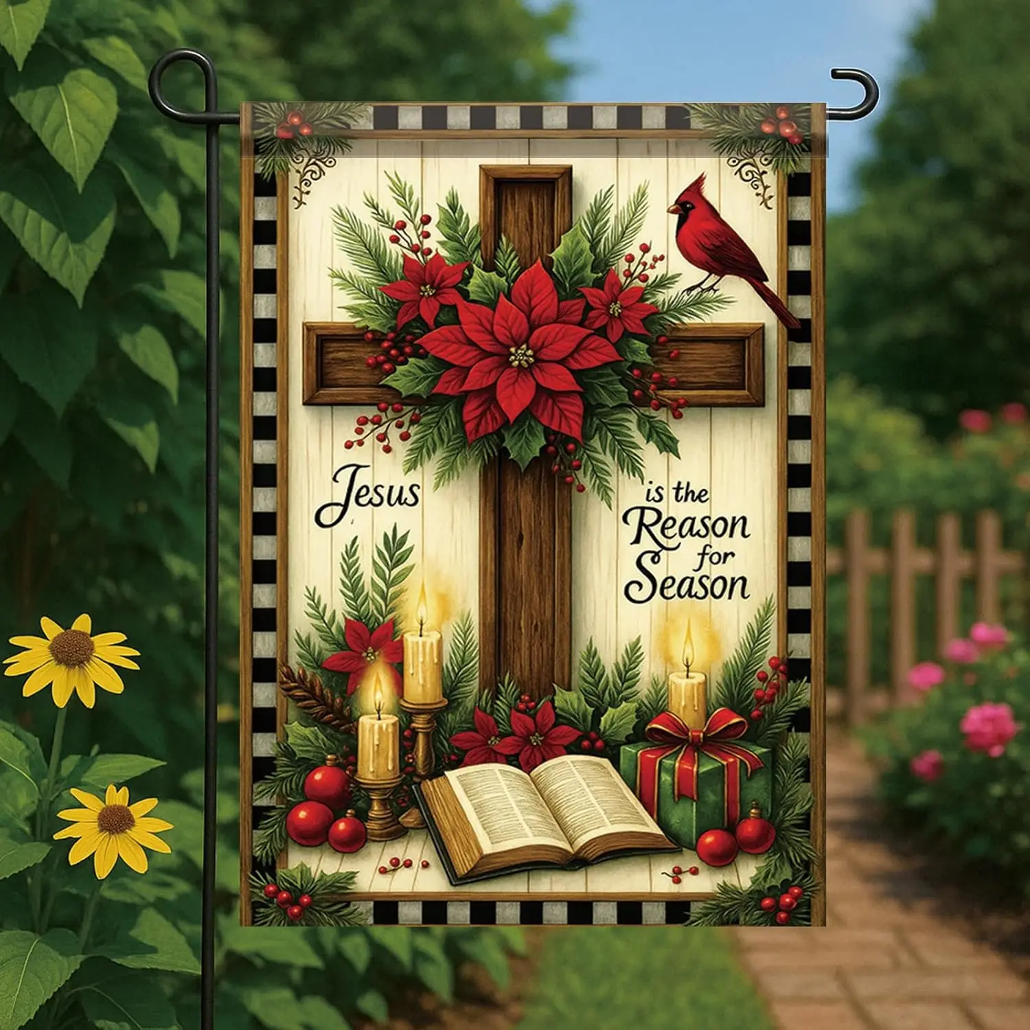 عيد الميلاد حديقة العلم يسوع هو سبب الموسم الصليب الكتاب المقدس البونسيتة 12x18 بوصة مزدوجة الوجهين في الهواء الطلق ساحة راية FFI