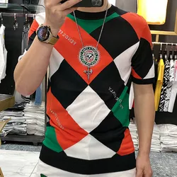 2022 Summer Knitted Short Sleeve Men's Thin Diamond Contrast Hot Diamond Cool Ice Silk Elastic Tight T-shirt Designer Clothing