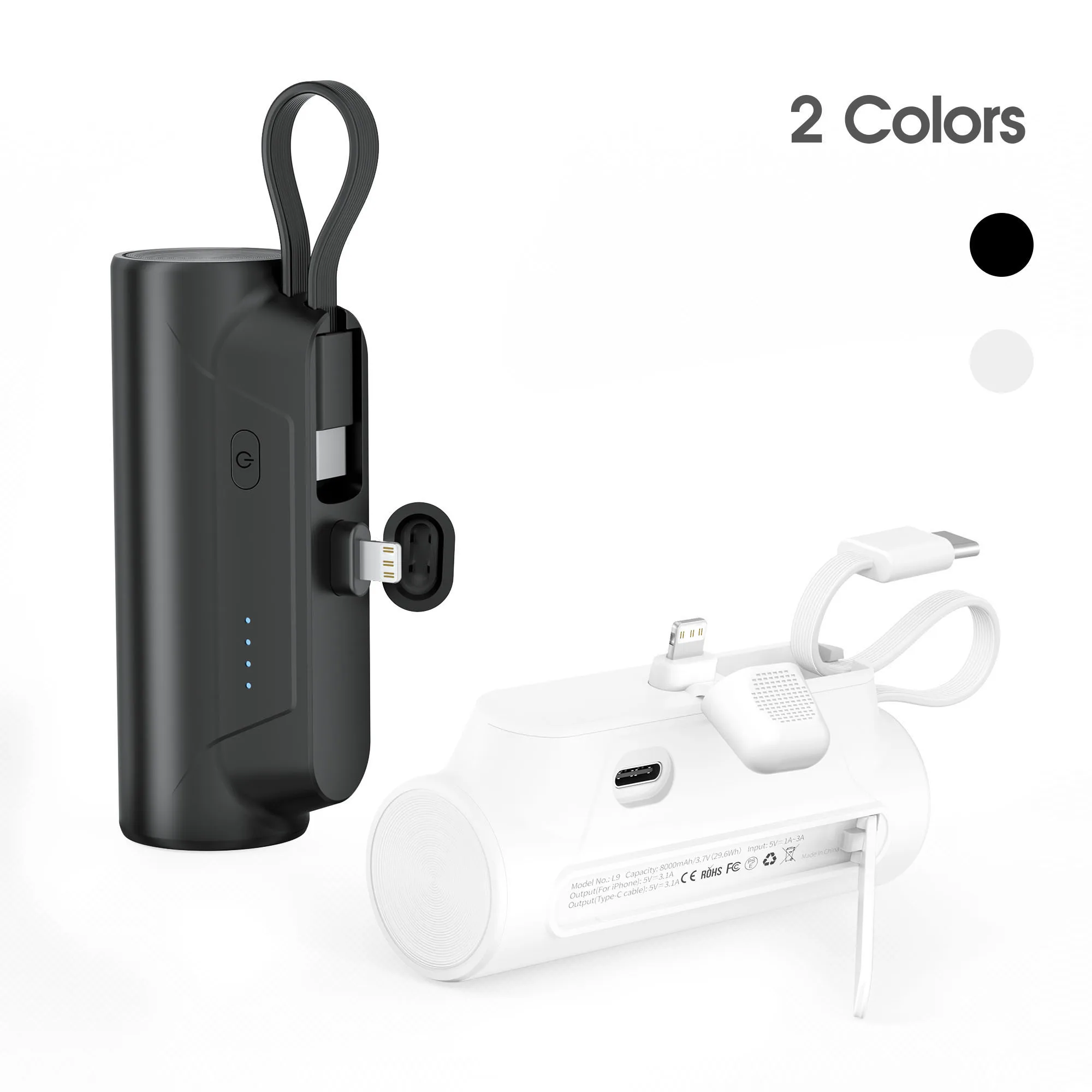 8000mAh mini power bank with built-in USB-C cable and IOS plug, built-in stand, suitable for iPhone, Galaxy and other devices