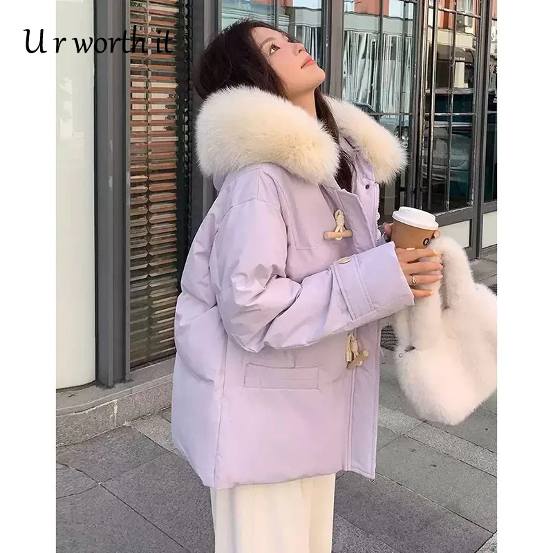 Winter Large Fur Collar Hooded Cotton Jacket High Street Quilted Coats Korean Horm Button Omen Warm Thicken Parkas Snow Outwear