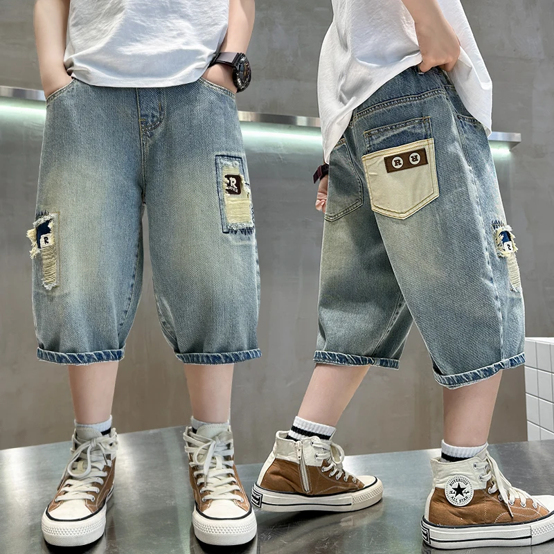 

Kids Summe Ripped Denim Shorts for Teens Boy High Fashion Jeans Capris with Hole Children Stylish Mid Calf Pants 5 7 9 11 13 14Y