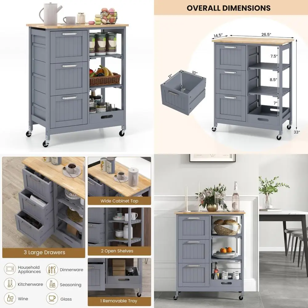 عربة جزيرة المطبخ المتدحرجة مع مساحة تخزين وأدراج وأرفف باللون الرمادي للاستخدام المنزلي #1