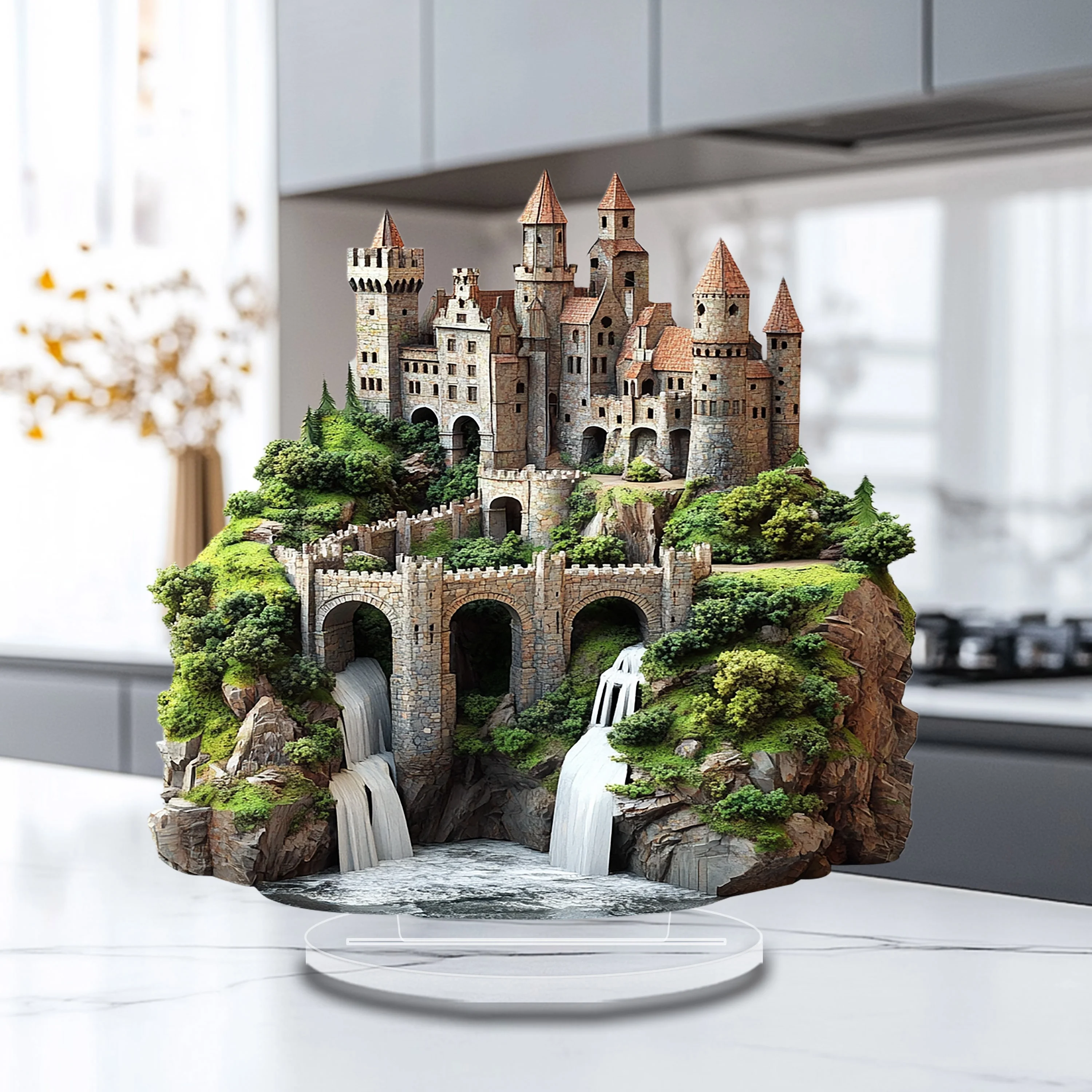 Fantasy Motif 2D Acrylic Fortress Cascade Tabletop Ornament High Artistic Versatile Household Workplace Children Room Decor