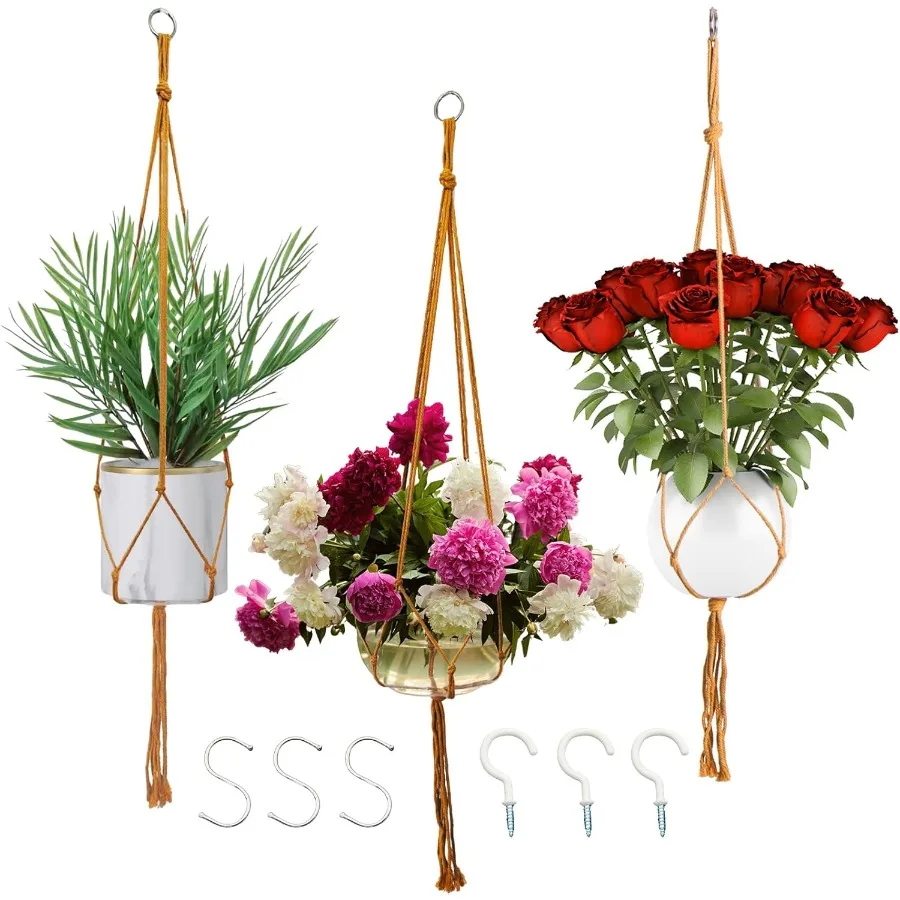 

Macrame Plant Hangers Planter Flower Pots Holder 3 Pack Basket Stand Tassels with 6 Hooks Kit Cn Rope for Drative Indoor Outdoo