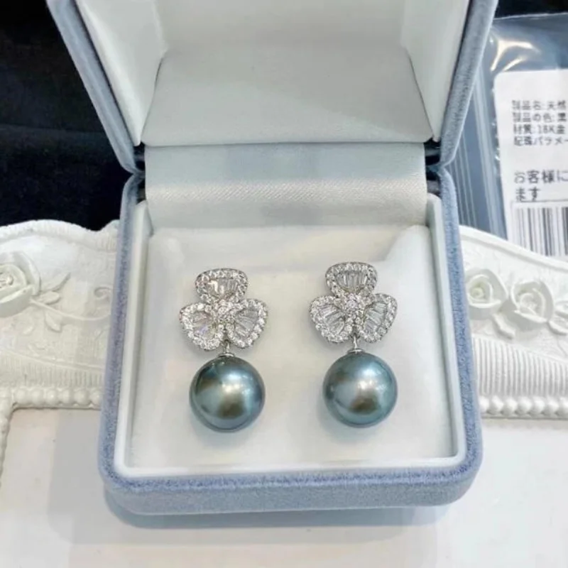 

Brilliant Natural AAAAA 10-11 mm South Sea Round Black Green Pearl Earrings 925s