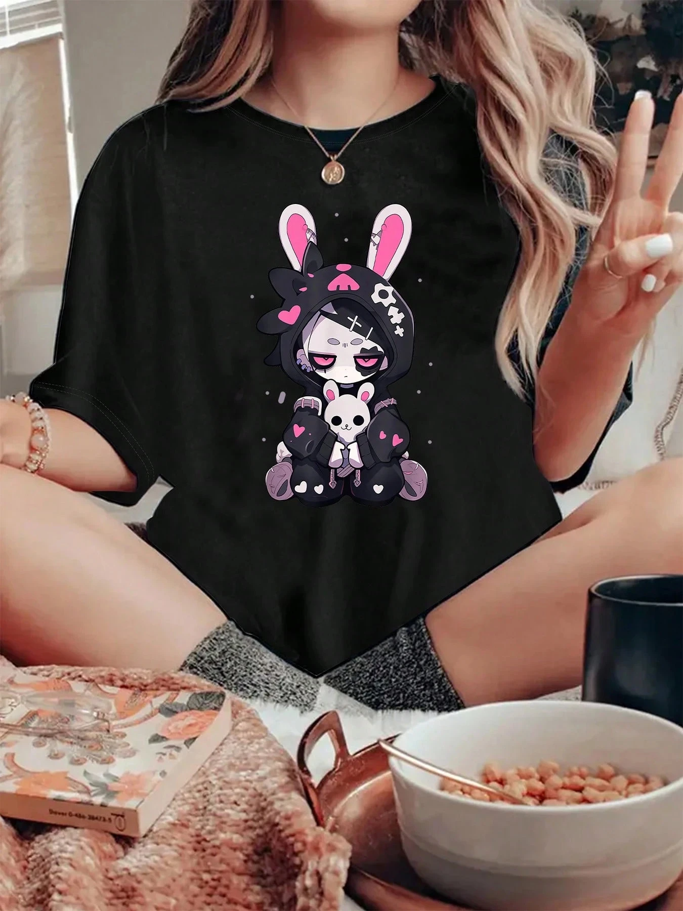 

Goth Bunny Anime Girl Cute Girl T-Shirt Summer Cotton Y2k Ladies Clothes Oversized Women's T-shirt Family Matching Outfits Tees