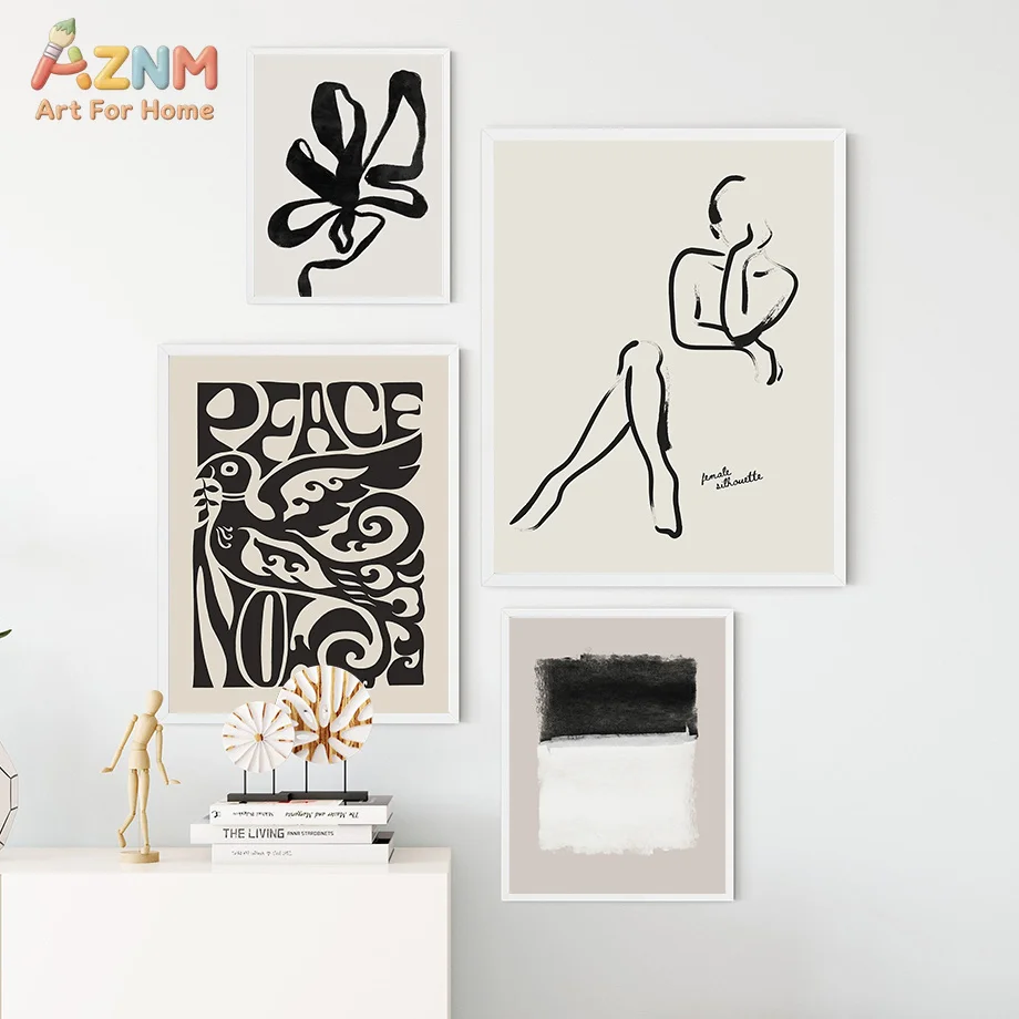 AZNM Black Beige Abstract Line Art Canvas Wall Art Minimalist Woman Body Face Sketch Modern Neutral Tone Painting Living Room Be