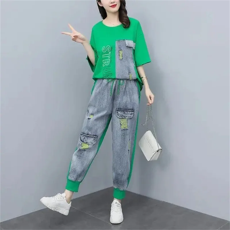 

European 2024 Summer High End Women Fashion Slim Western Style Reduced Age Casual Short Sleeve Fashion Denim Set Two Piece Set