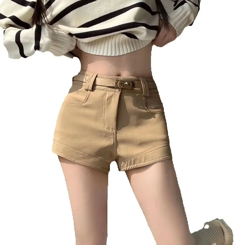 High-Waisted Versatile Belt Shorts Women Spring Autumn Hot Girls With High-End Slim Casual Khaki Plus Velvet Boot Pants