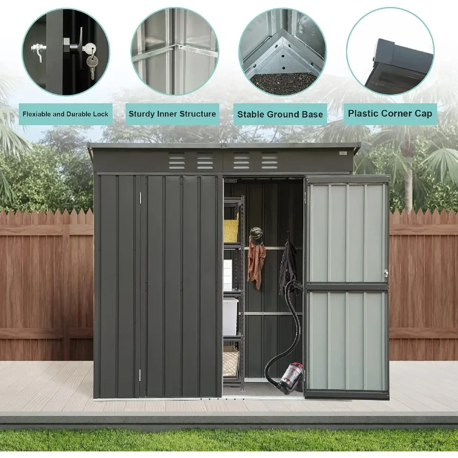 Outdoor Storage Shed for Backyard Garden Patio Use, Made of Metal with Waterproof Finish, Gray Color, Featuring Double Lockable