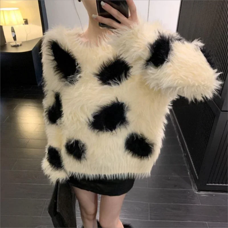 Chic Fashion Women Contrast Color Faux Mink Velvet Sweater Autumn Soft Sweet Loose Elegant Pullover Femme