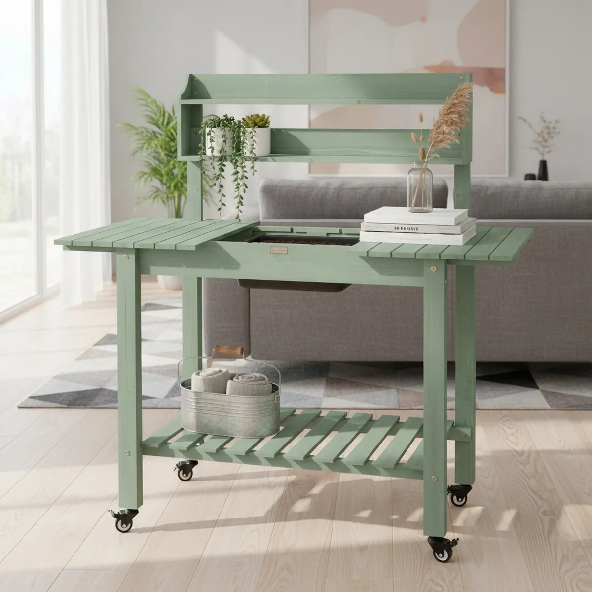 Outdoor Wood Garden Potting Bench with Sliding Tabletop, Sage Green, Mobile Workstation with Sink & Storage, 4 Locking Wheels fo