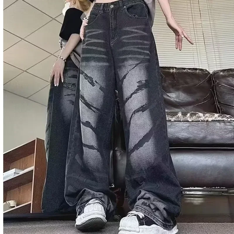 Pantalones vaqueros de cintura alta para mujer, pantalones de mezclilla holgados, raspadores antiguos lavados, pantalones góticos Retro de Hip-hop, ropa de calle japonesa Y2k, moda coreana