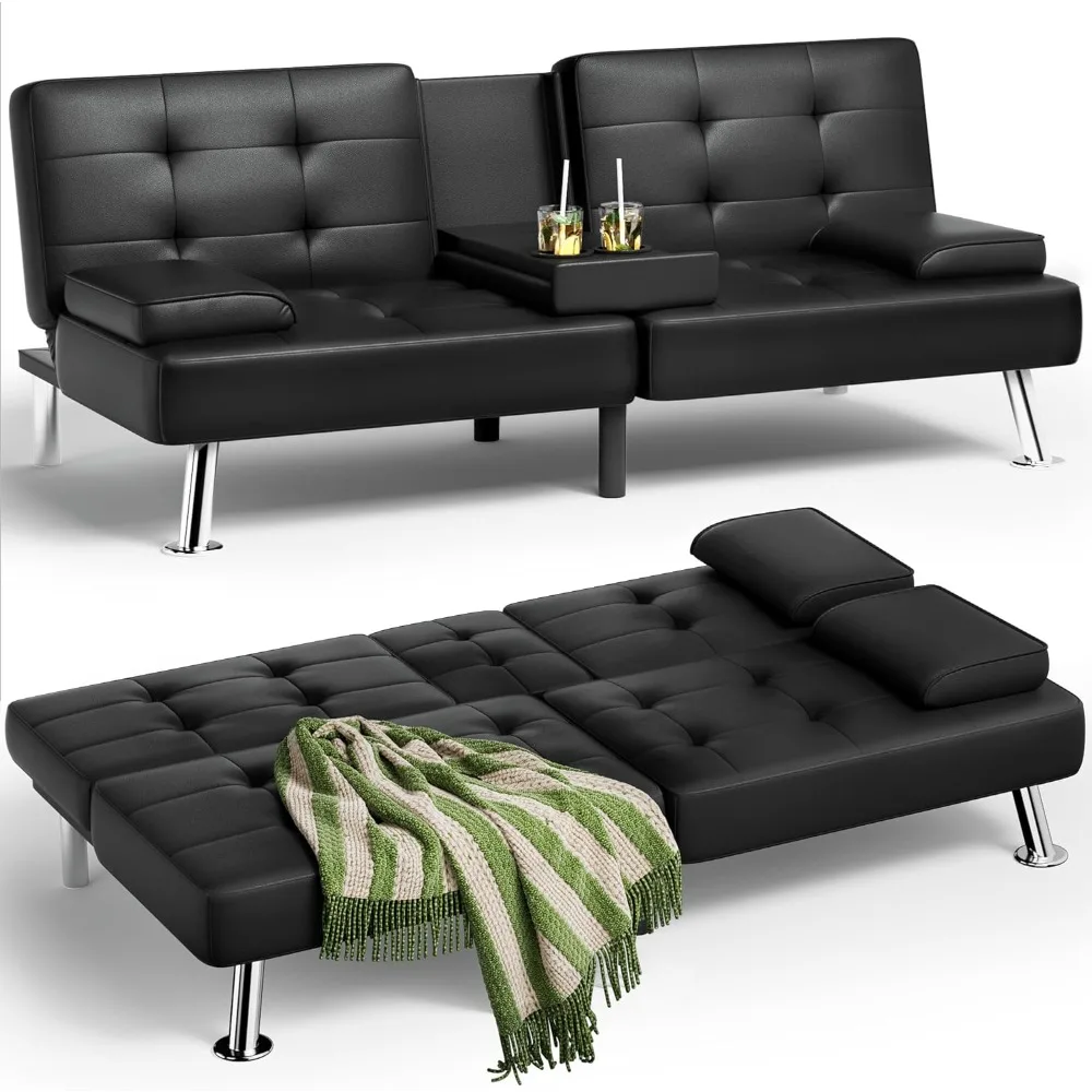 Sofá cama, sofá futón de cuero con reposabrazos extraíble, sofá cama reclinable ajustable con portavasos duales para sala de estar