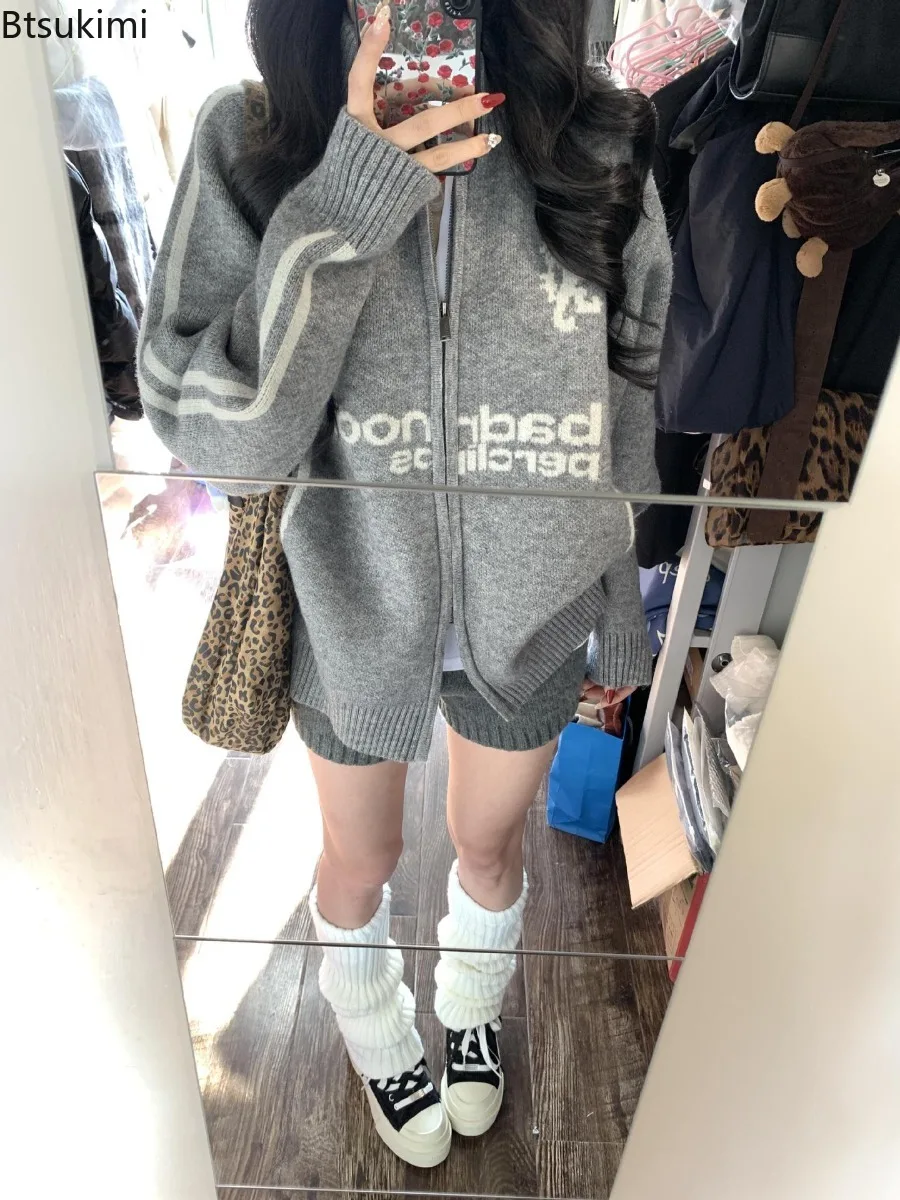 Women Lapel Collar Knit Cardigan Zip Up Vintage Baseball Style Jacket Loose Solid Color Autumn Casual Fashion Ladies Cardigan