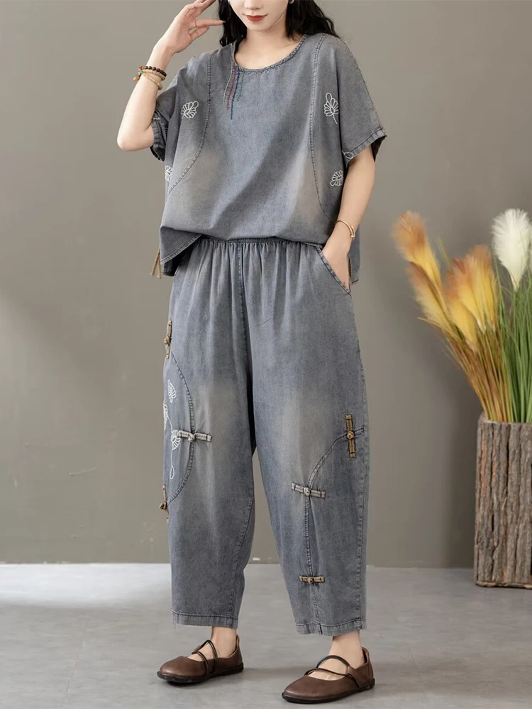 Max LuLu Chinese Suits Women Summer Two Pieces Sets Casual Big Size Vintage Denim Outfits Vintage Patchwork Tops Classic Jeans