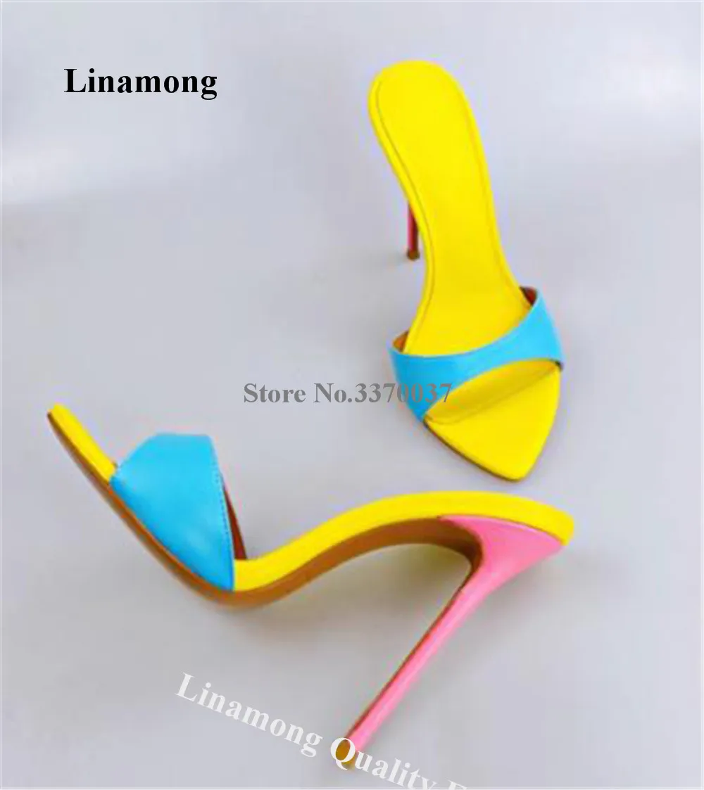 Patchwork Stiletto Heel Slippers Linamong Newest Pointed Open Toe One Strap Thin Heel Slip-on Sandals Sexy Big Size Dress Heels