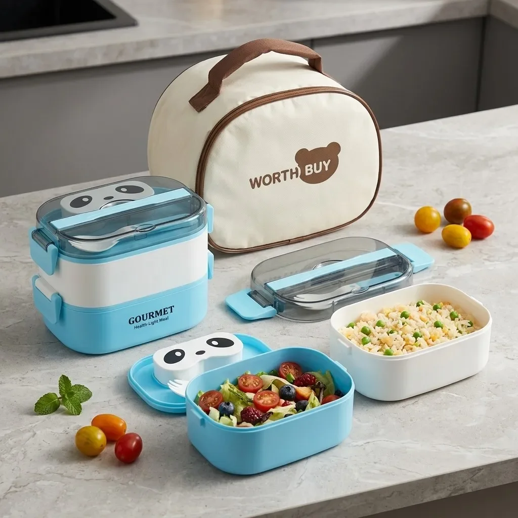 Microwavable Panda Bento Lunch Box Set 1/2 Layer Plastic Food Storage Containers with Salad Snack Box Cutlery for Kids Students
