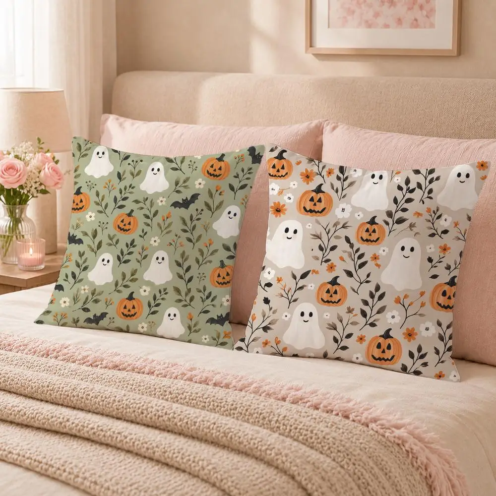 Floral Ghost Halloween Seamless Patterns Cushion Cover Double-Sided Printed Pillow Cover Hypoallergenic Dust-Mite Proof