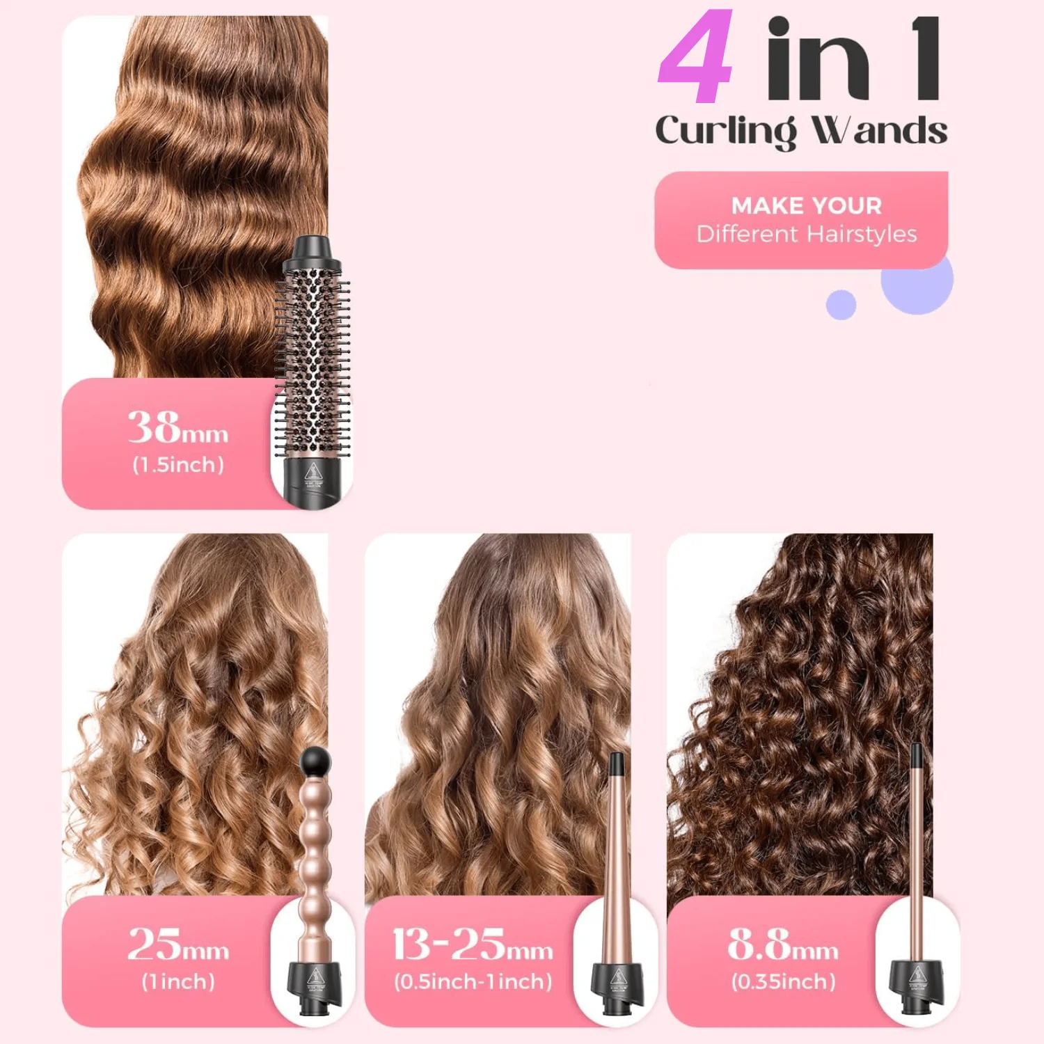 4 in 1 Curling Wand Set, YAWEEN Curling Iron with New Upgraded Curling Brush and 4 Interchangeable Ceramic Curling Wand