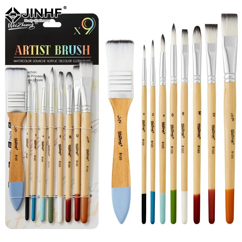 Beginner Brush Set Art Supplies Painting Brushes 9pcs Nylon Hair For Canvas Watercolor Acrylic Oil Painting Artist Painting Tool
