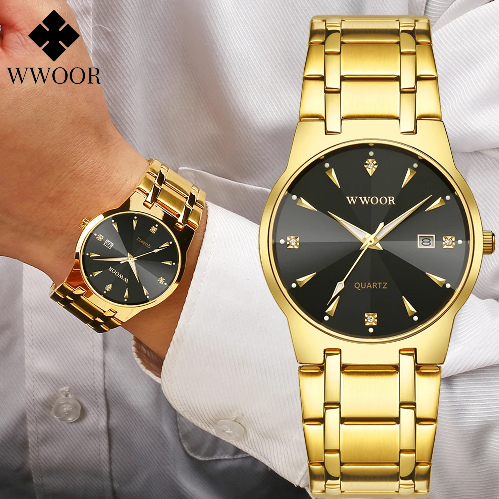 Relogio Masculino WWOOR Gold Black Luxury Watch For Men New Business Men Watch Waterproof Date Man Quartz Wristwatch Male Clock