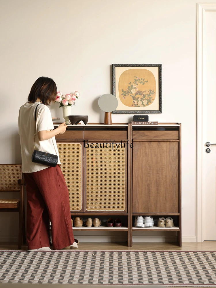 

**North American black walnut solid wood shoe cabinet rock slab rattan storage cabinet