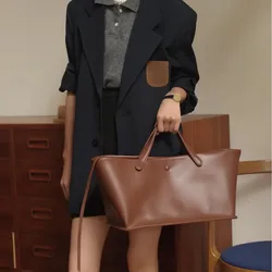 FIRMRANCH 빈티지 심플 대용량 핸드헬드 바구니 하이 퀄리티, 소가죽 토트, 통근용 캔버스 숄더 대각선 파우치