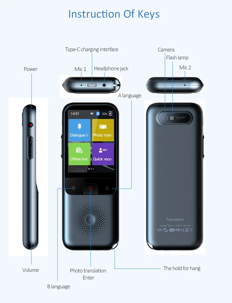 2.4inch Smart Translator Touch Screen Real-Time Voice Photo 138 Languages Translation Portable Offline Conference Interperter