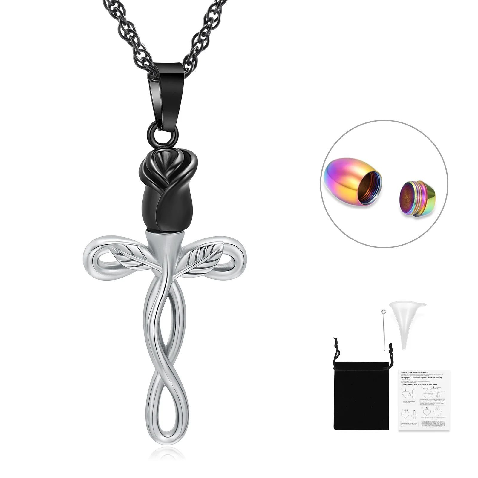 Urn Pendant Necklace Black Rose Cross Shape Special Bright Gift For Women Pet Ashes Holder Stainless Steel Healing Keepsake