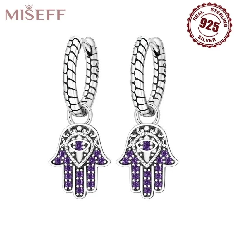 MISEFF New 925 Sterling Silver Eardrop Purple Lucky Hand Earrings The Eye Of Fatima Earrings For Party Jewelry Making Gifts