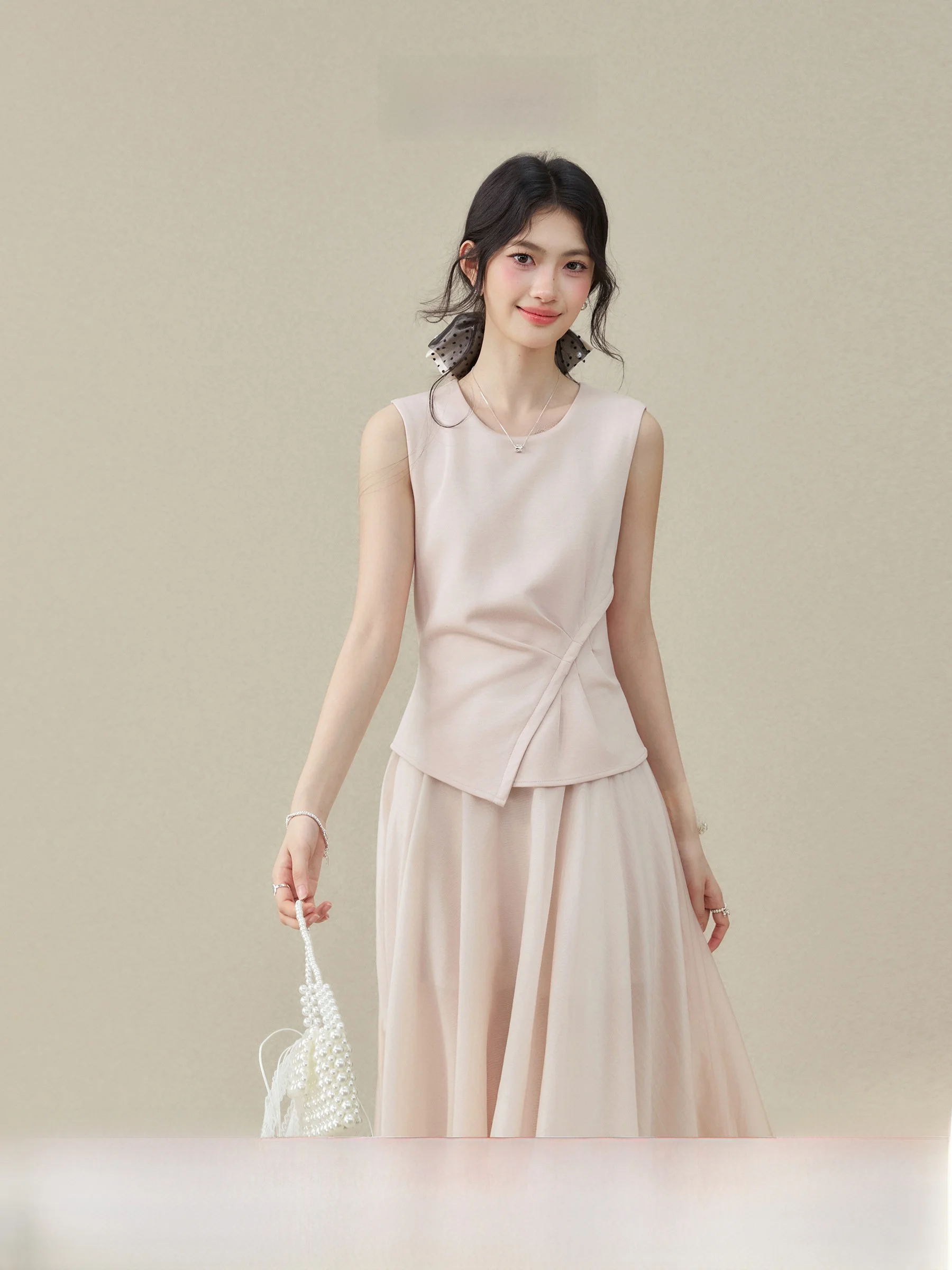 

Elegant Pink Sleeveless Dress Women's Summer Beautiful Gentle Style A-Line Skirt Long Sleeve Loose Fit for Traditional Outfits
