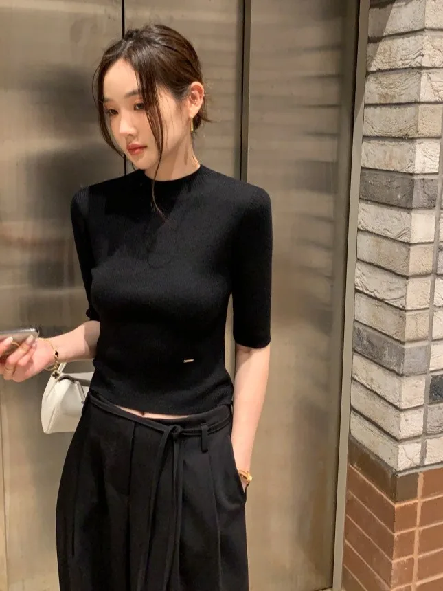 

Slim Fit Pure Color ort Sve Knitted irt Chic Summer New Sle Stand Collar Women's Top Polyester Fiber 00%