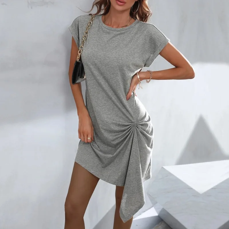 

Women's Casual Round Neck Pullover Knitted Short Sleeved Irregular Dress