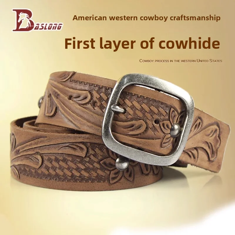 Baslong เข็มขัดขี่ม้าเข็มขัด Western คาวบอยอัศวินอุปกรณ์ First Layer Cowhide อัศวินเสื้อผ้า Retro Elegant เข็มขัด