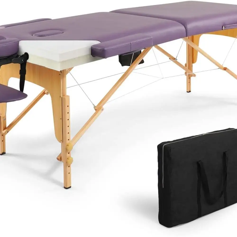 

84-складной портативный массажный стол с регулировкой высоты, фиолетовая спа-кровать для салонов и лица, деревянные ножки, футляр для переноски