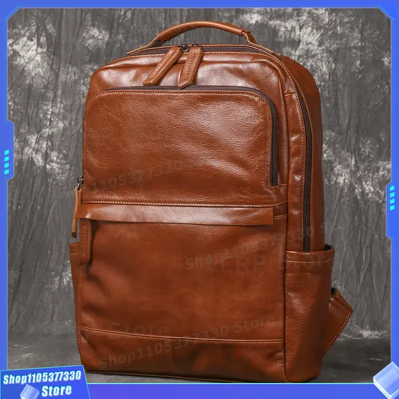Retro First Layer Cowhide Men Travel Backpack Large Capacity Leather Computer Bag For Women European American Style New