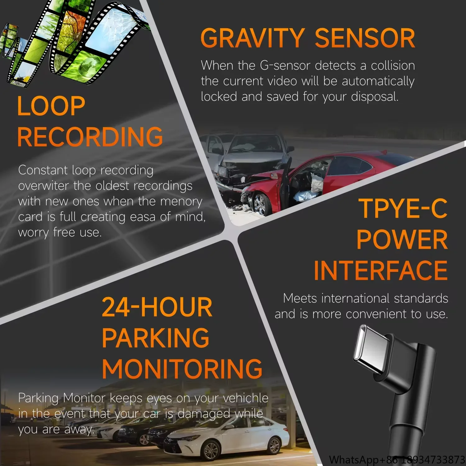 2024 Hot Selling Full HD Car Camera Dash Cam with GPS Tracking System Wifi Motion Detection Video Recorder 12V Voltage