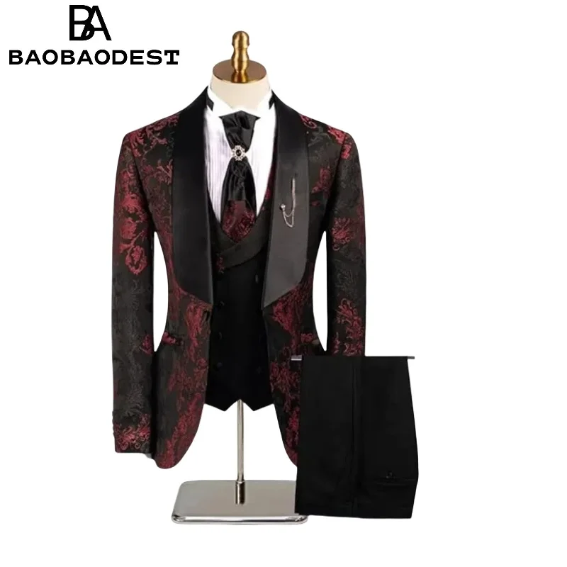 

Men's 3-Piece Jacquard Wedding Suit | Stand Collar Double Breasted Tuxedo Set (Jacket+Vest+Pants) for Groom Red Carpet Events