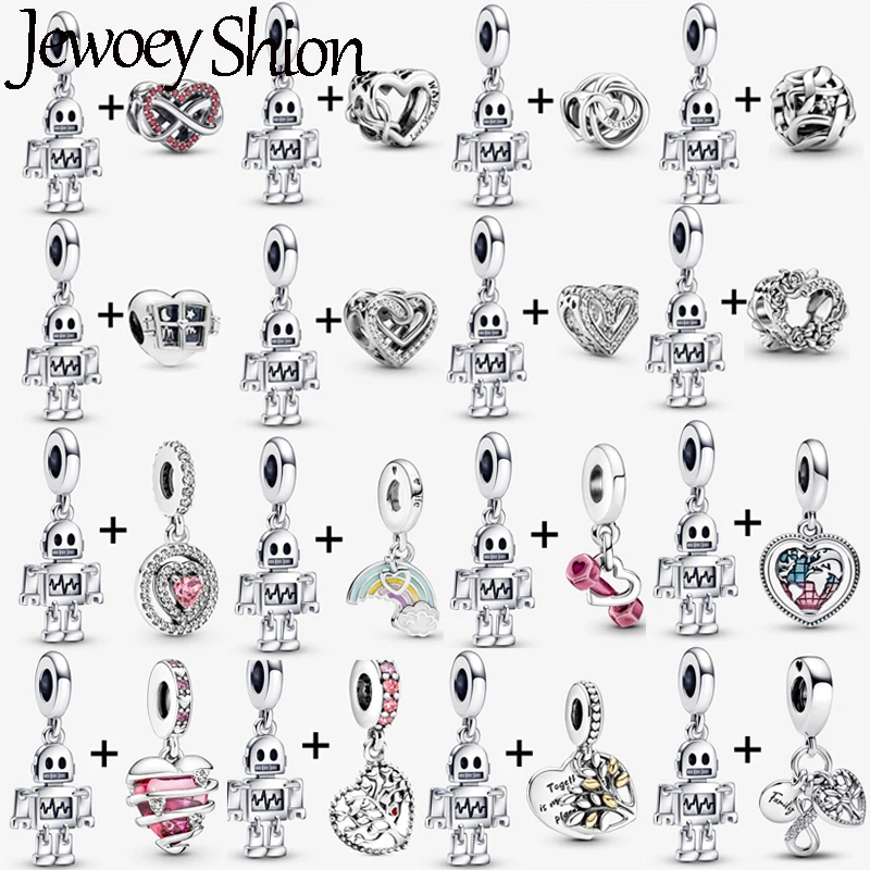 

2Pc/Lot Friendship Robot Beads With Heart Pendants Fit DIY Brand Charm Bracelets & Necklaces For Women Jewelry Making Gift New