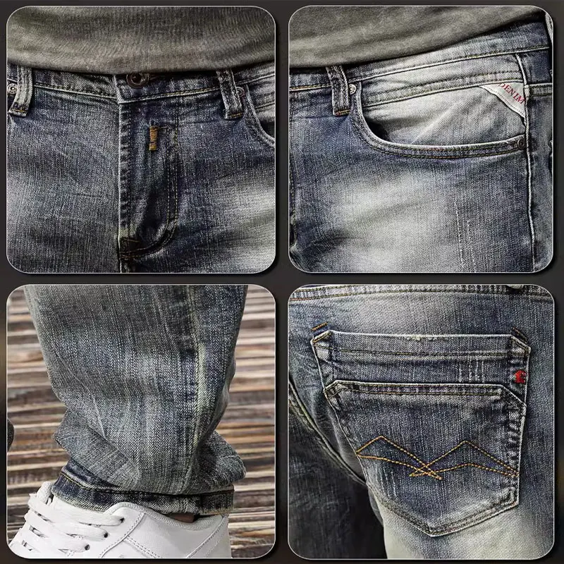 Jeans da uomo firmati di moda Jeans strappati Slim Fit elasticizzati blu lavati retrò di alta qualità da uomo pantaloni in Denim Vintage stile italiano