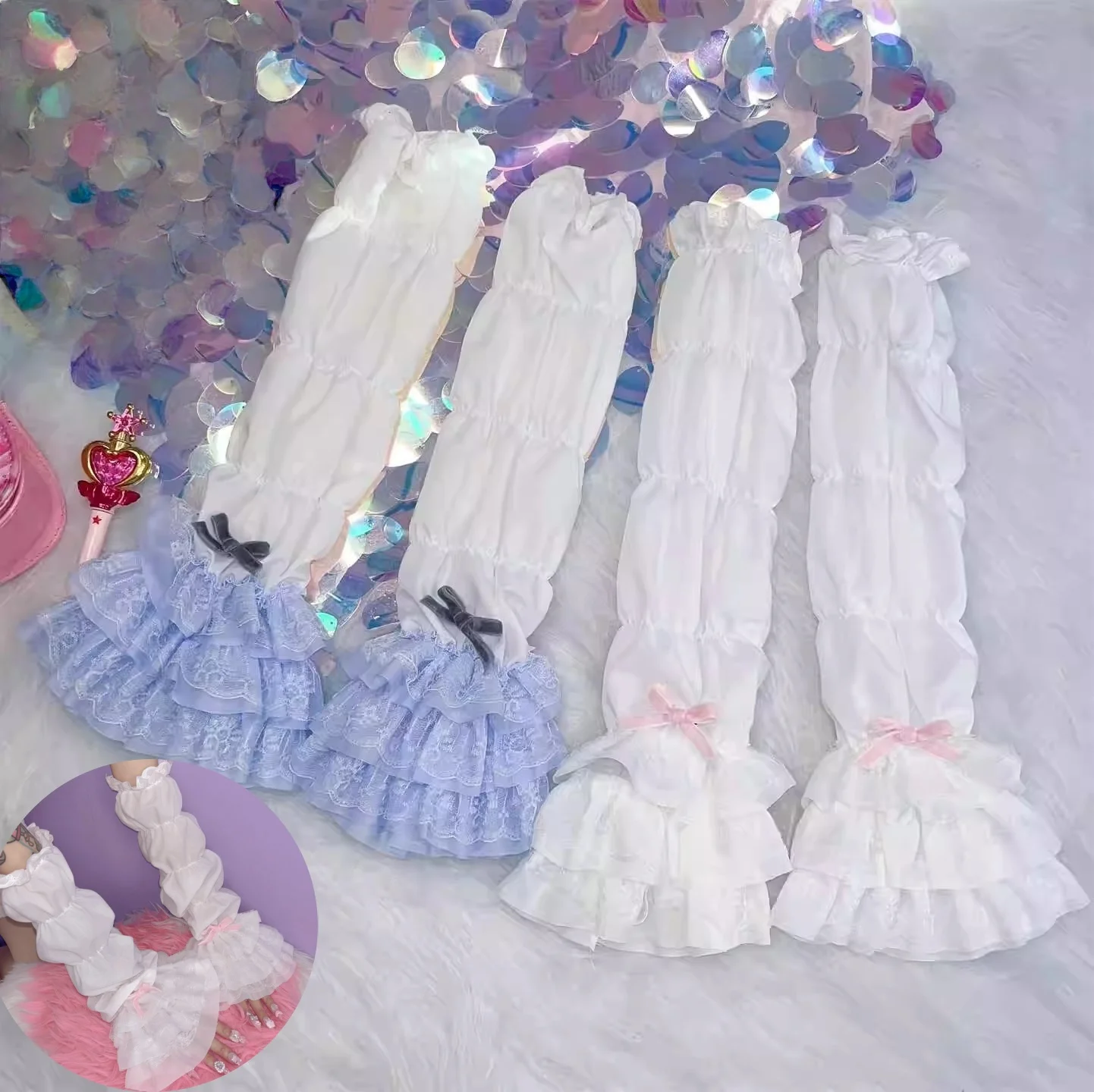 

Japanese Y2K Lace Bowknot Fluffy Sleeve Cover Lolita Sweet Pile Sleeves Lace Trim Cuff Guard Women Sun Protection Glove Sleeve